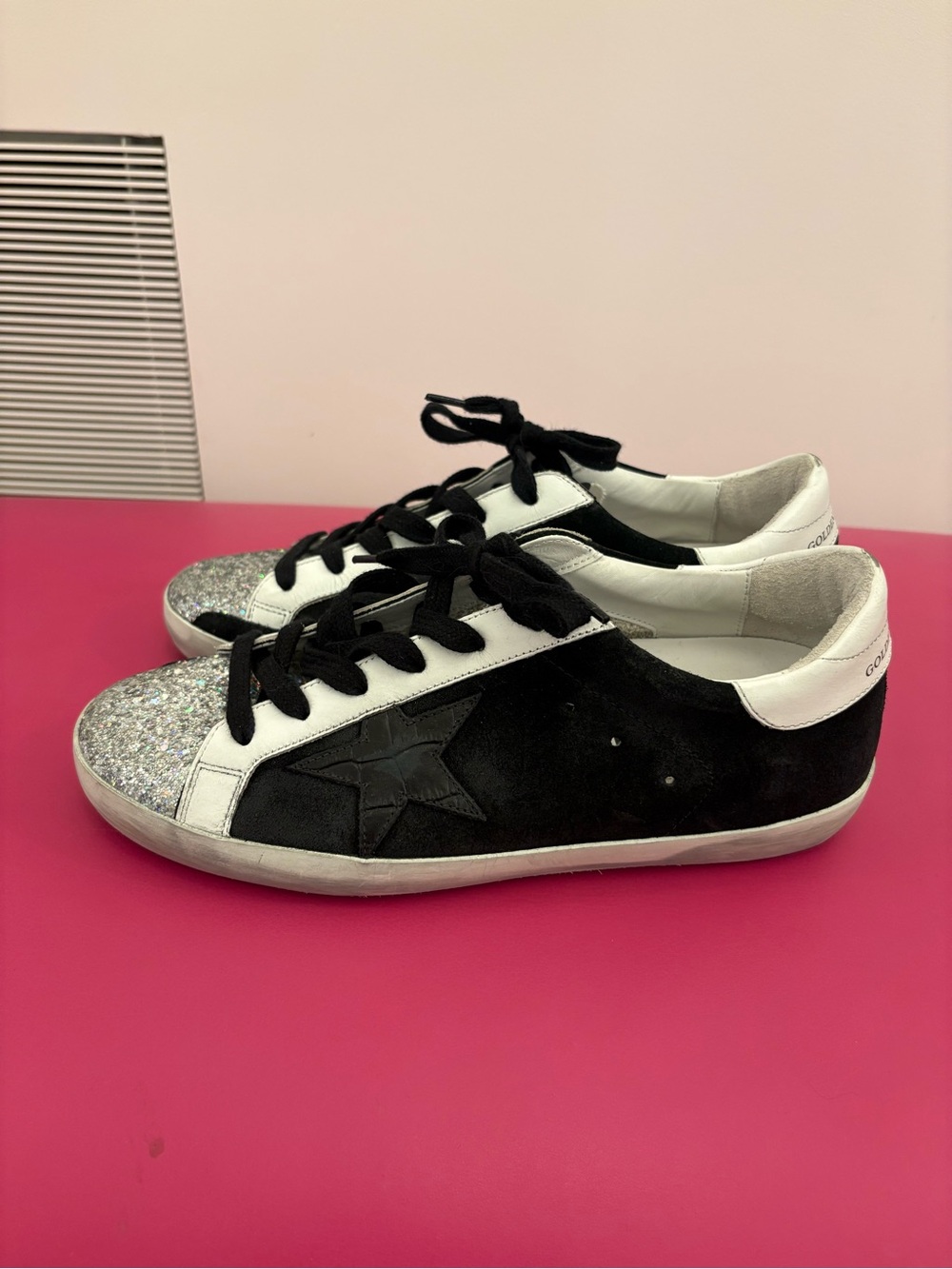 Golden Goose Black Sneakers with Silver Glitter Toe